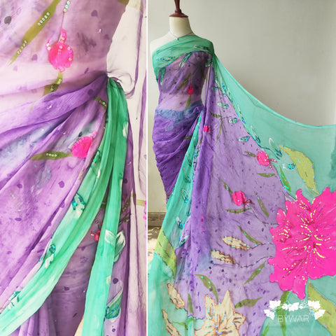 Mint Lavender Sequins Embellished Sari